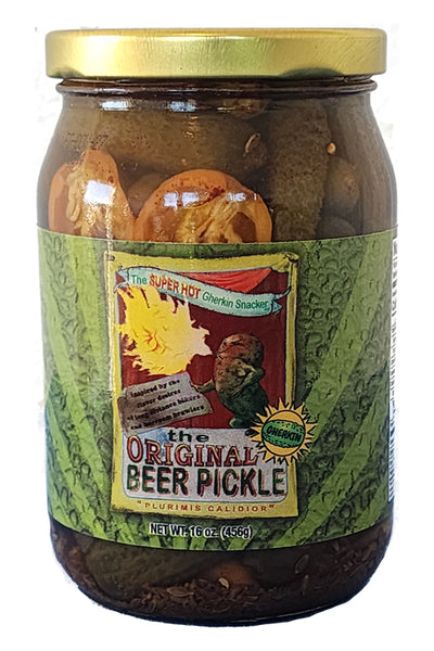Harold's - The Original Beer Pickle Gherkins - Super Hot and Dill Spicy Pickle Gherkins Packed With Fresh Garlic and Habanero - Made in Texas
